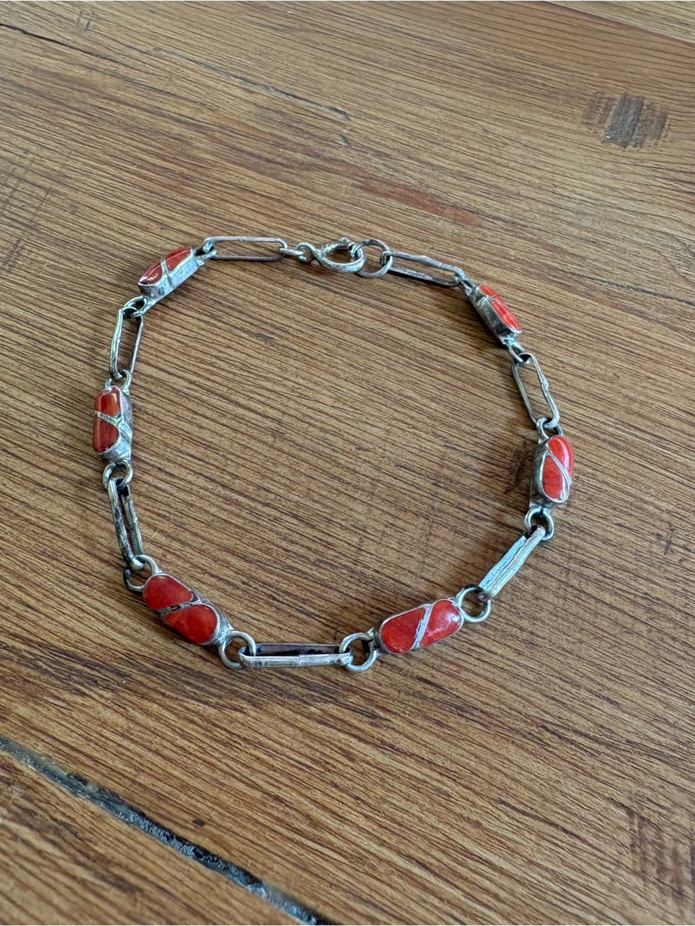 Vintage 925 Sterling Silver Southwestern Red Coral Link Bracelet, Santa Fe, NM